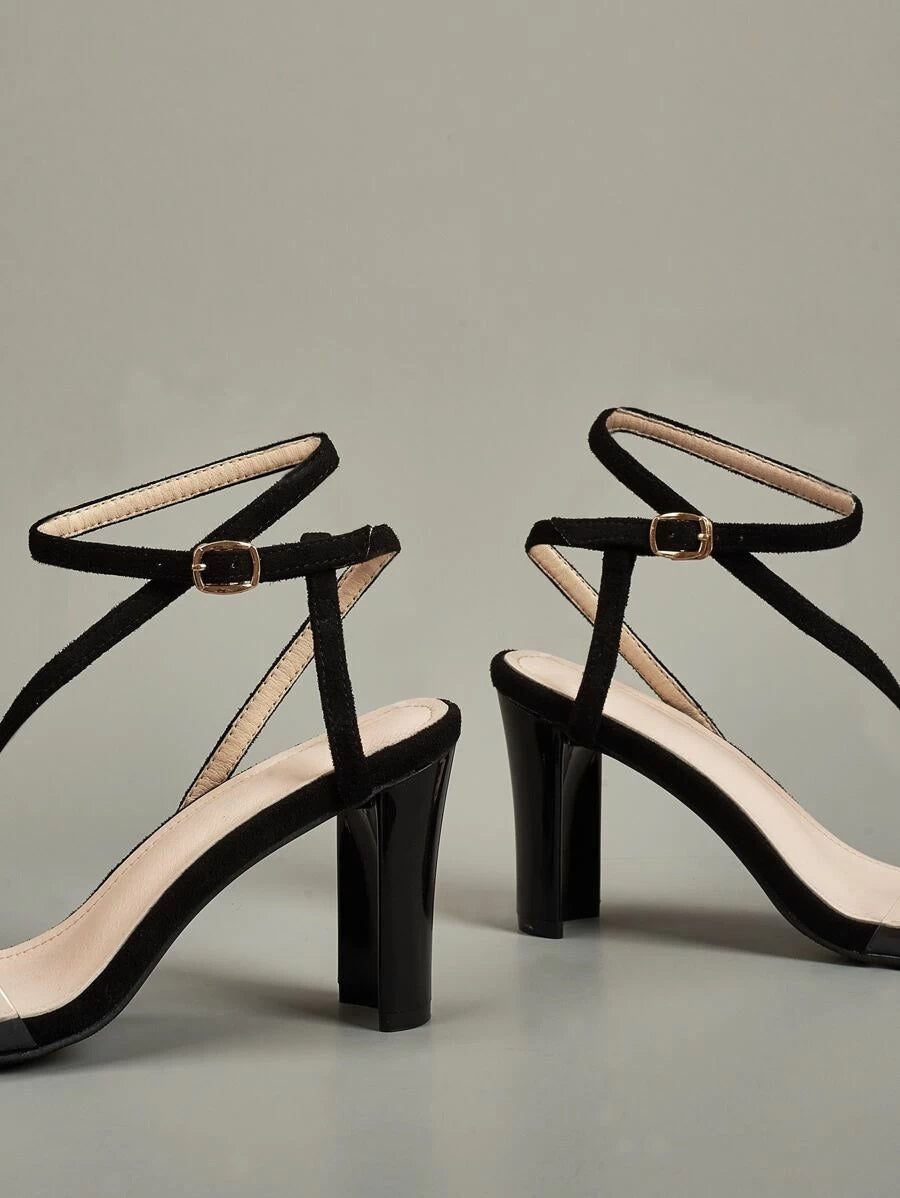 CM-SHS427255 Women Trendy Classic Style Clear Ankle Strap Chunky Heels - Black