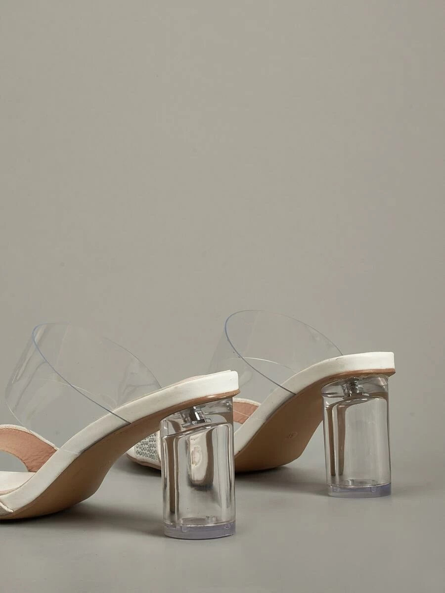 CM-SHS427203 Women Elegant Seoul Style Rhinestone Double Band Chunky Heeled Mules
