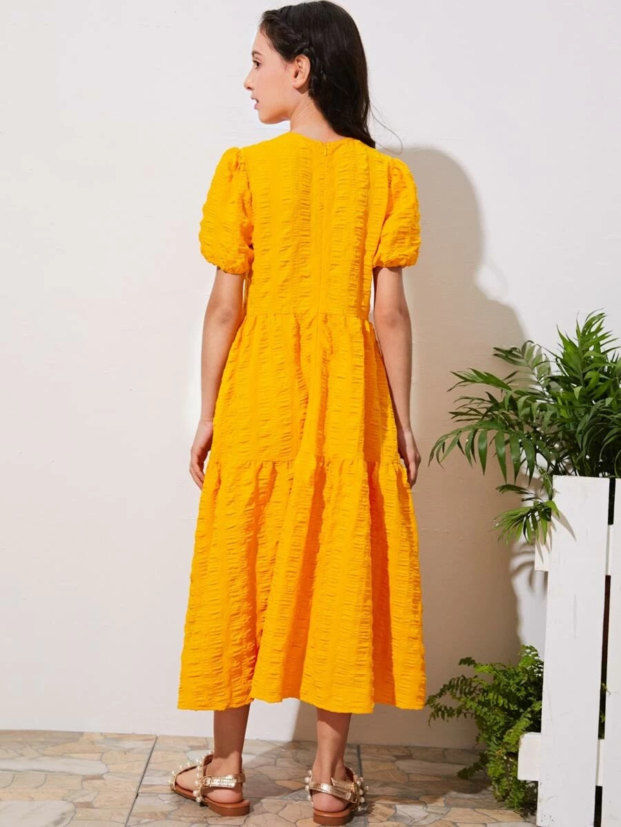 CM-KDS427986 Girls Casual Round Neck Puff Sleeve Tiered Hem Textured Dress - Yellow