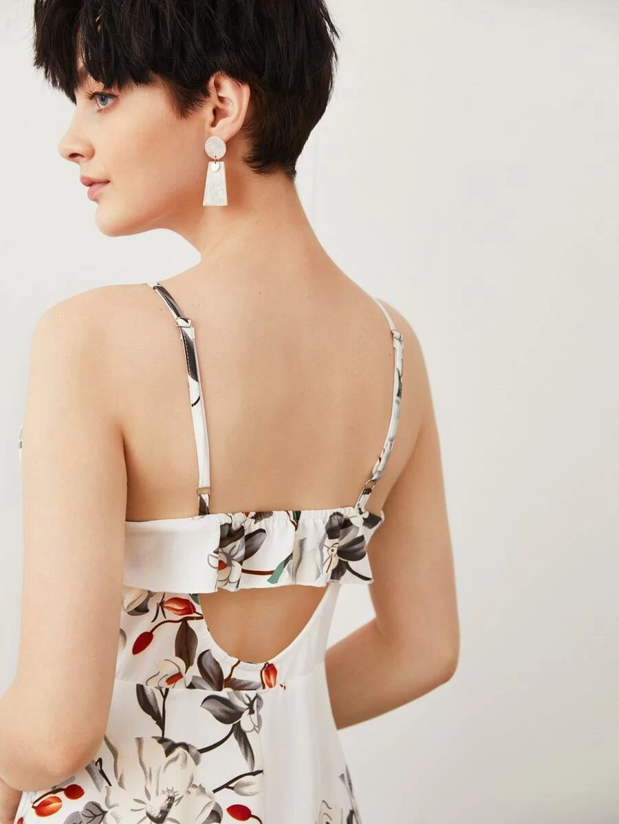CM-DS428153 Women Trendy Bohemian Style Sleeveless Floral Print Slit Front Maxi Cami Dress - White