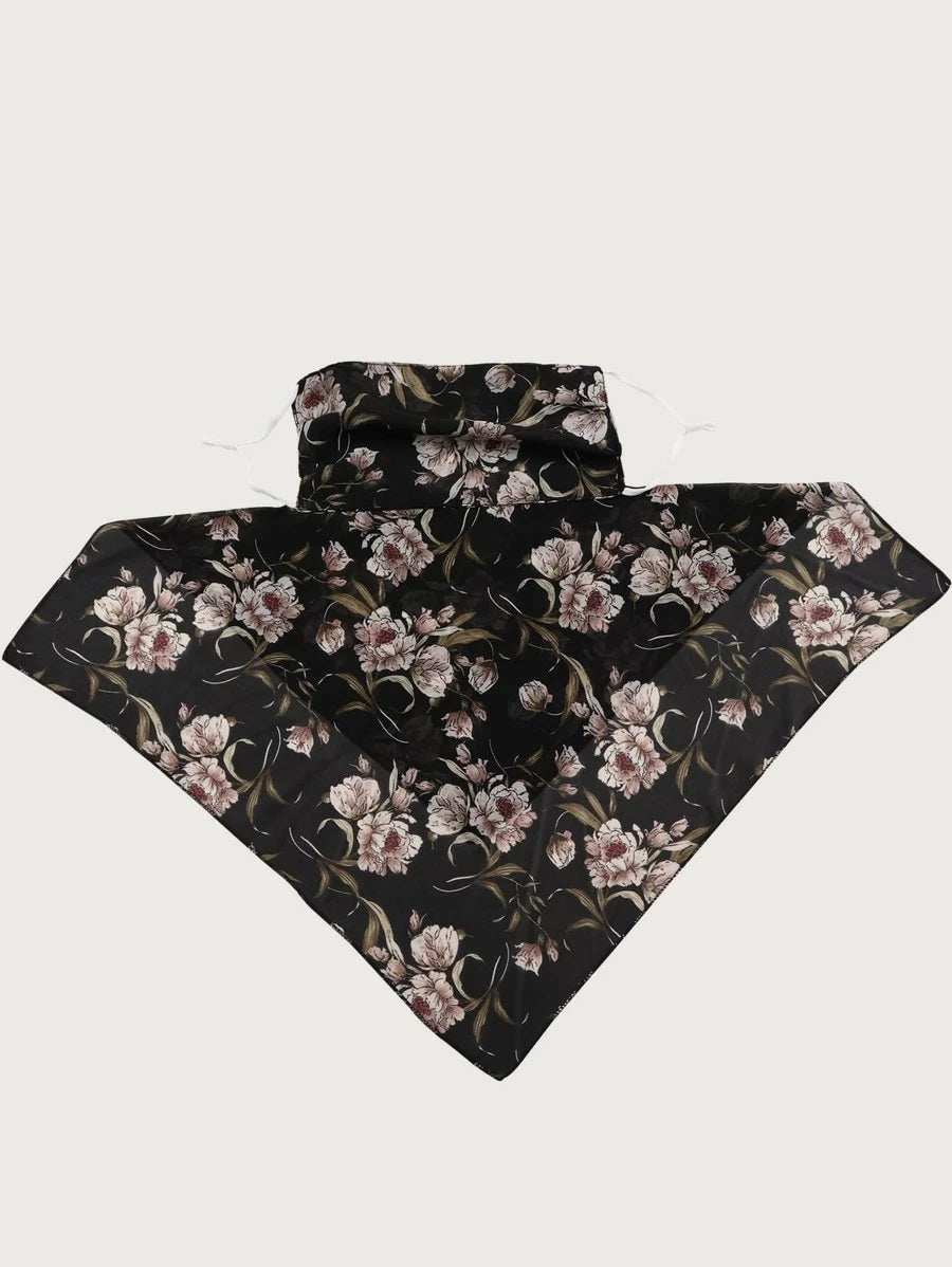 CM-FS415153 Women Floral Pattern Silk Scarf Mask - Black