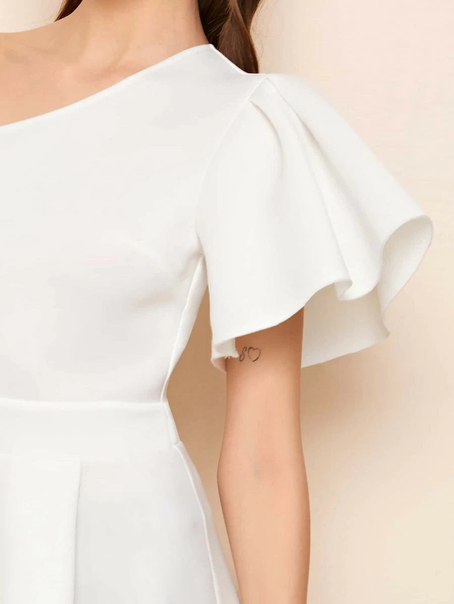 CM-TS410264 Women Elegant Seoul Style One Shoulder Asymmetrical Hem Peplum Top - White