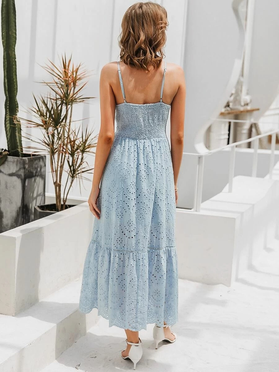 CM-ES416440 Women Elegant Seoul Style Button Front Eyelet Lace Insert Schiffy Cami Dress - Blue