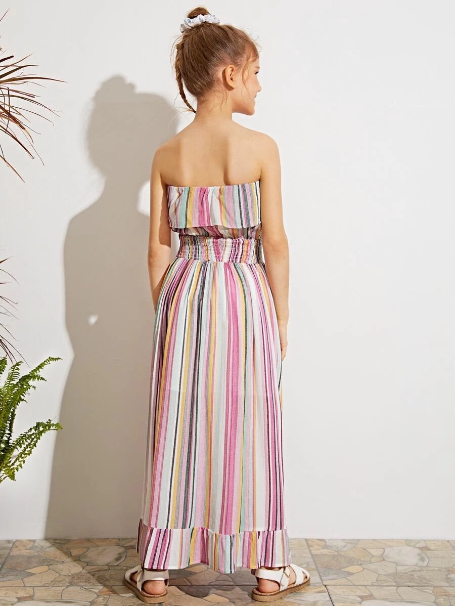 CM-KDS430420 Girls Trendy Bohemian Style Shirred Waist Layered Ruffle Striped Tube Dress