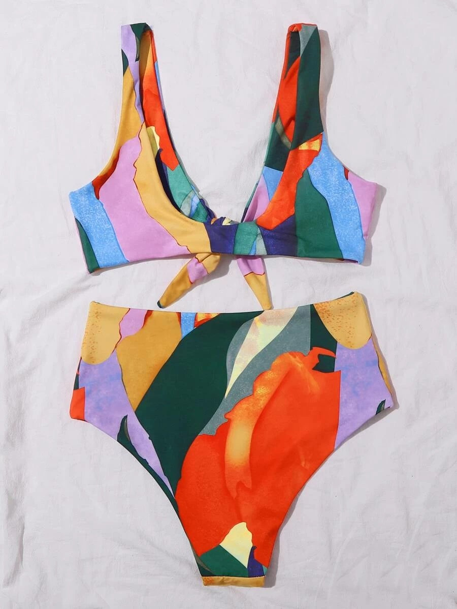 CM-SWS504321 Women Trendy Seoul Style Allover Graphic Knot Front Bikini Swimsuit