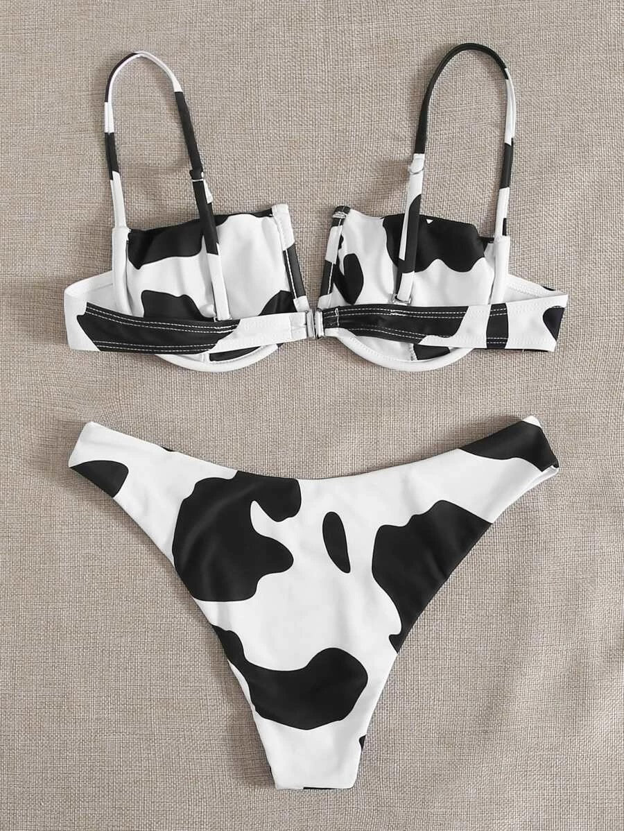 CM-SWS504027 Women Trendy Seoul Style Cow Pattern Wired Underwire Bikini Swimsuit