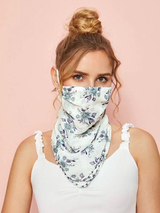 CM-FS421580 Women Floral Pattern Sunscreen Scarf Mask - White