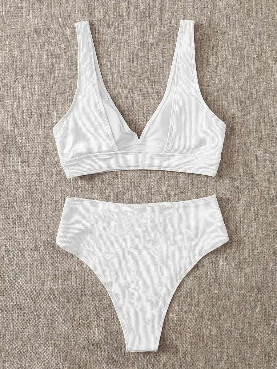 CM-SWS505654 Women Trendy Seoul Style Rib High Waisted Bikini Swimsuit - White