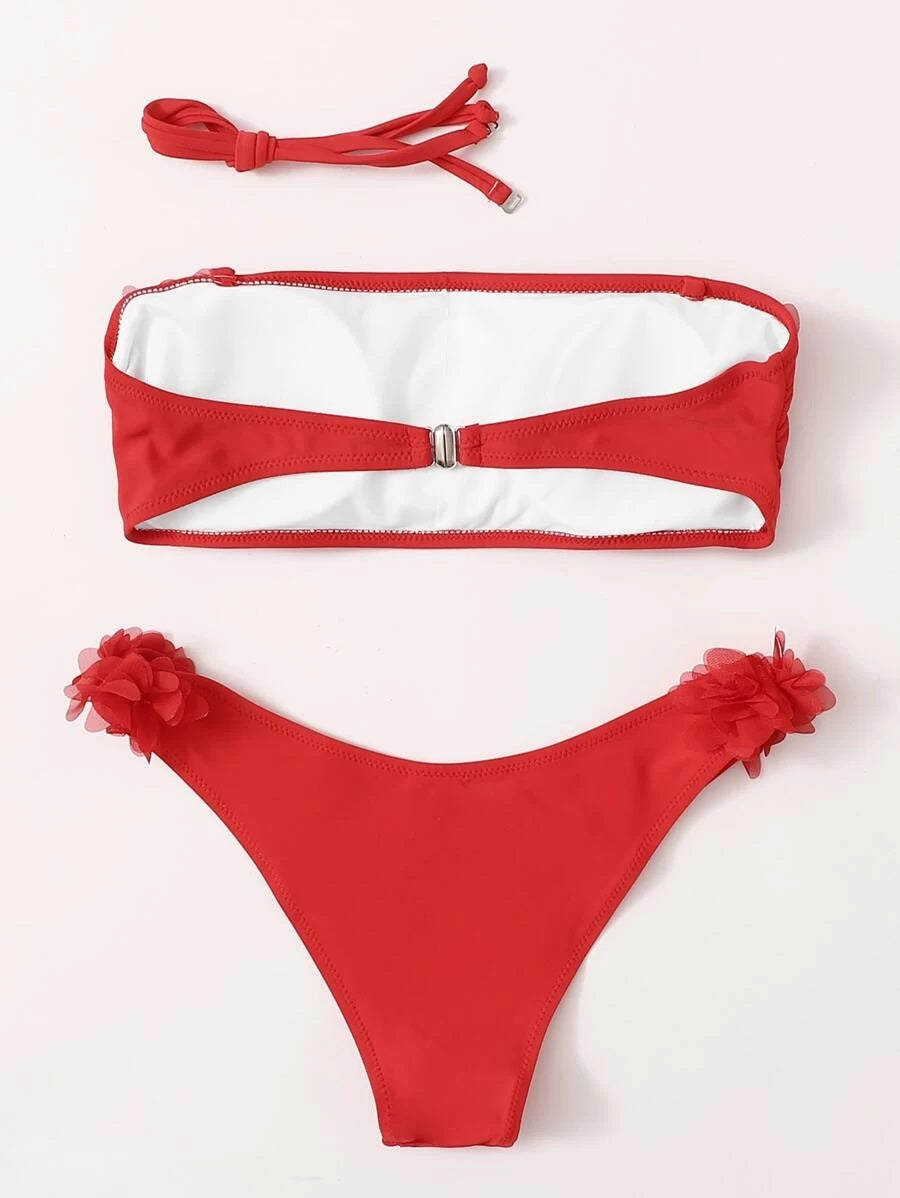 CM-SWS505103 Women Trendy Seoul Style Appliques Bandeau High Cut Bikini Swimsuit - Red