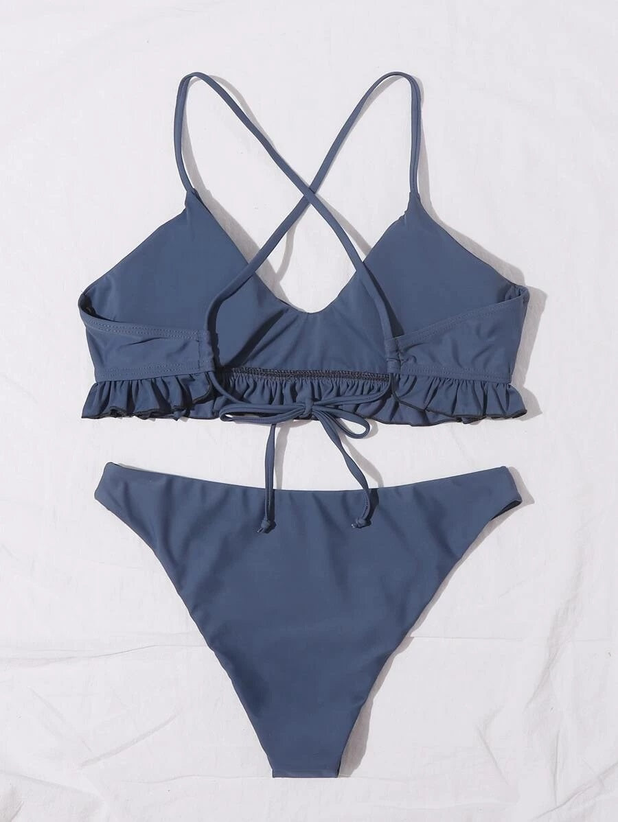 CM-SWS505593 Women Trendy Seoul Style Criss Cross Ruffle Hem Bikini Swimsuit - Navy Blue