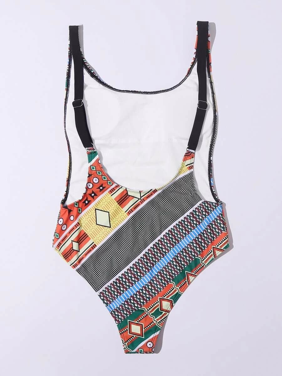 CM-SWS505756 Women Trendy Seoul Style Square Neck Geometric Print One Piece Swimsuit