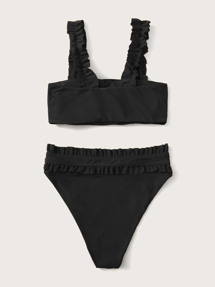 CM-SWS505363 Women Trendy Seoul Style Frill Trim High Waisted Bikini Swimsuit - Black