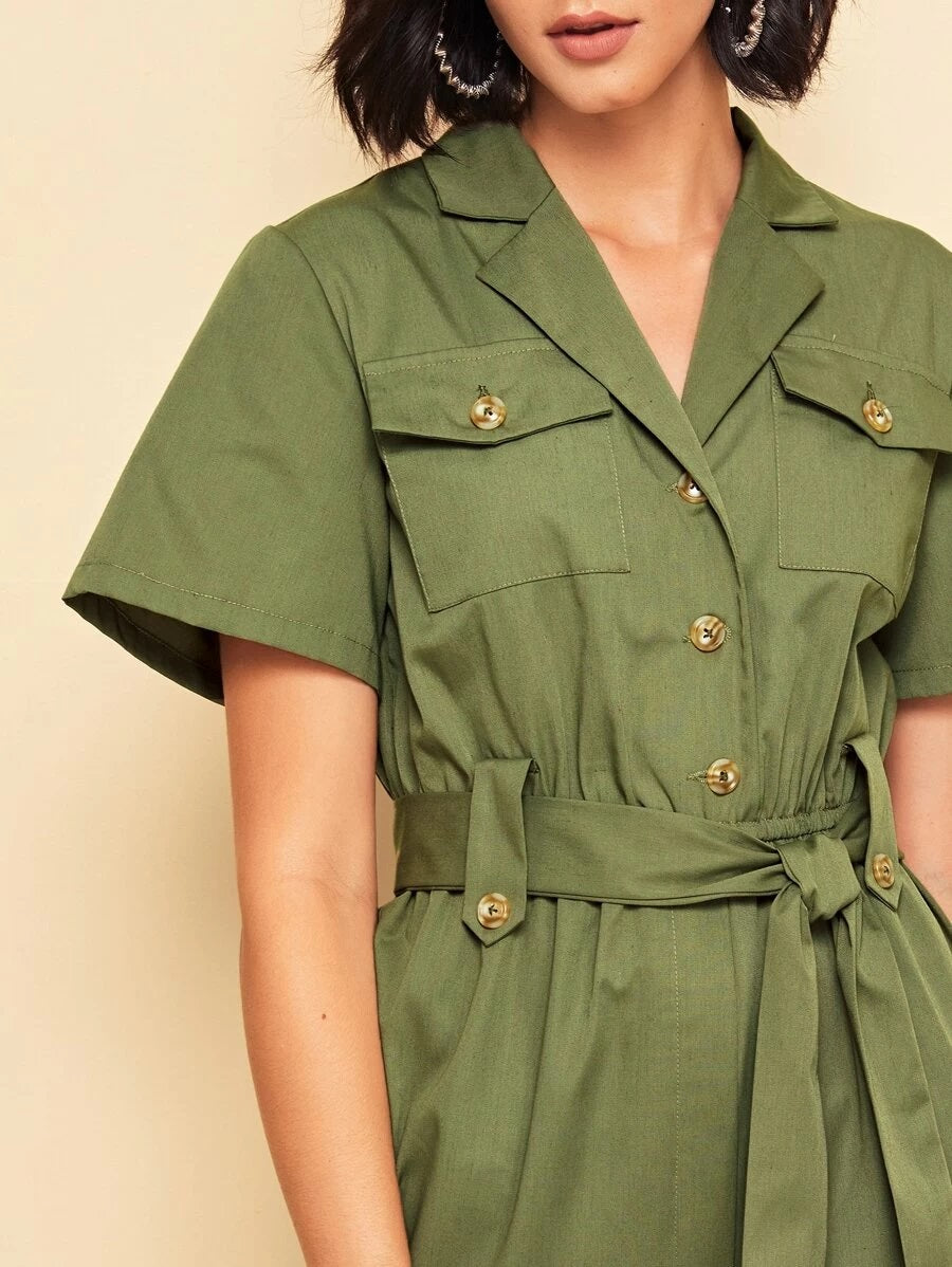 CM-JS429238 Women Elegant Seoul Style Notch Collar Flap Pocket Patched Self Belted Shirt Jumpsuit