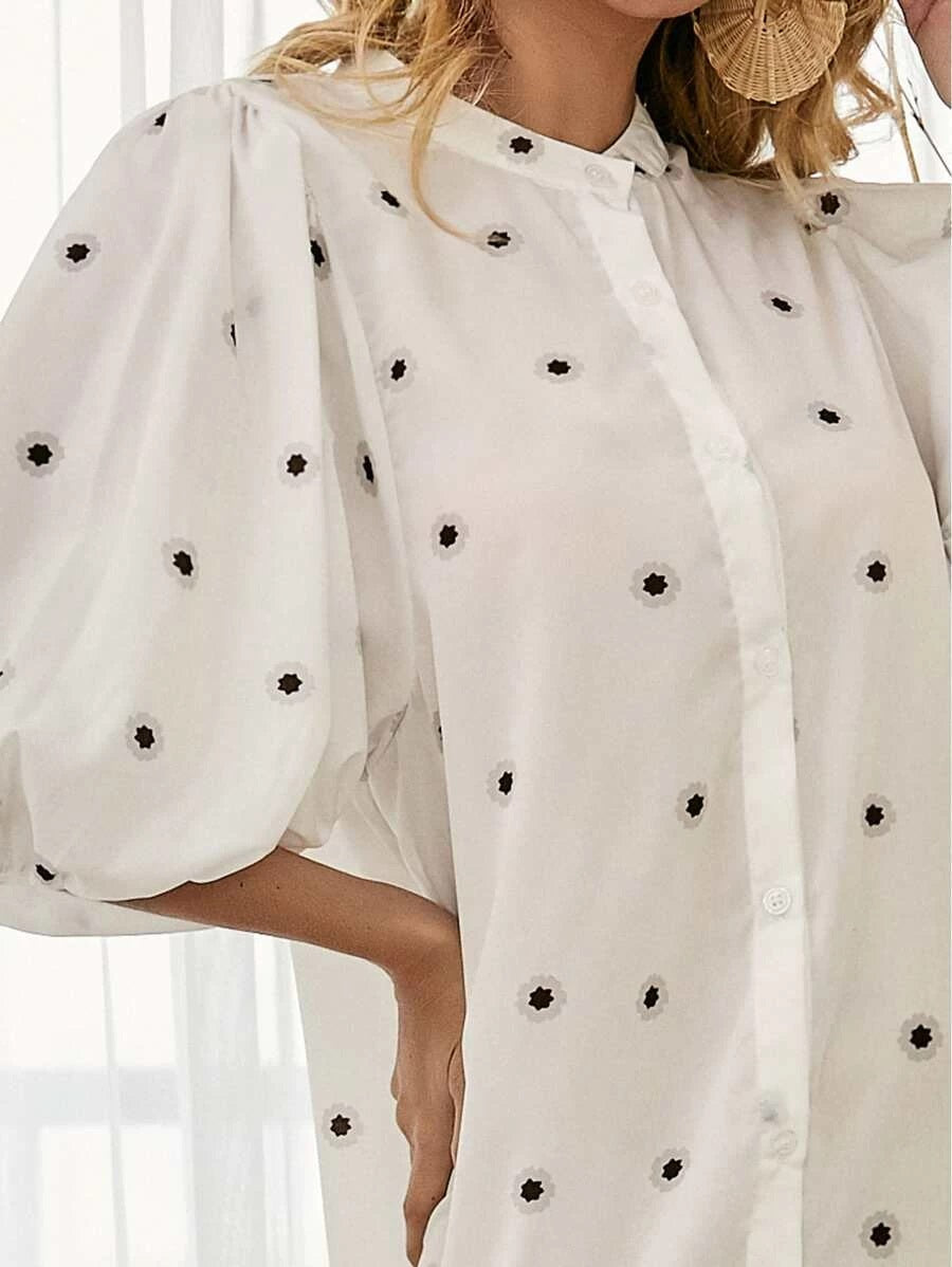 CM-DS506602 Women Elegant European Style Lantern Sleeve Button Front Allover Print Dress - White