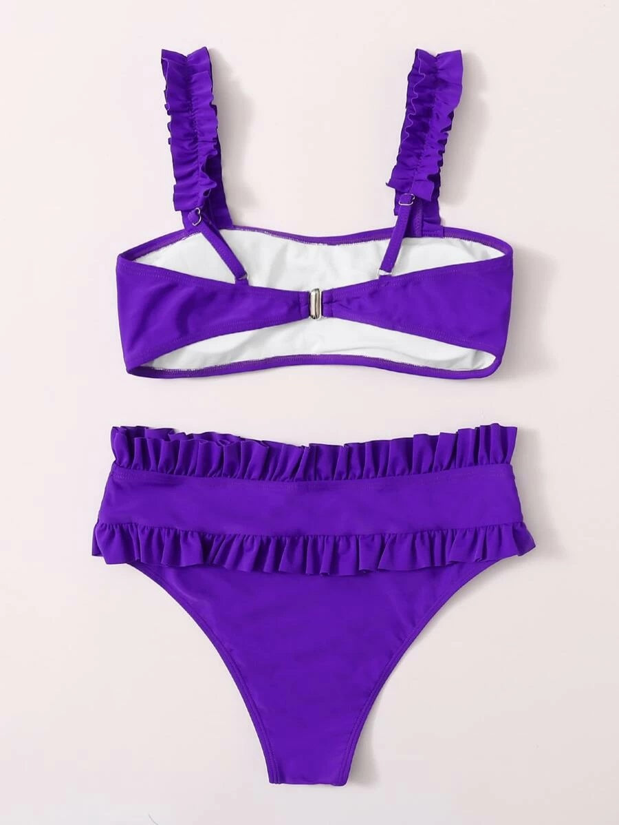 CM-SWS511391 Women Trendy Seoul Style Frill Trim High Waisted Bikini Swimsuit - Purple