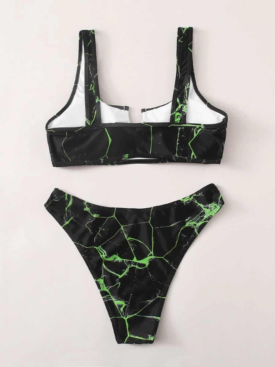 CM-SWS512181 Women Trendy Seoul Style Marble Print Cut-out Bikini Swimsuit - Black