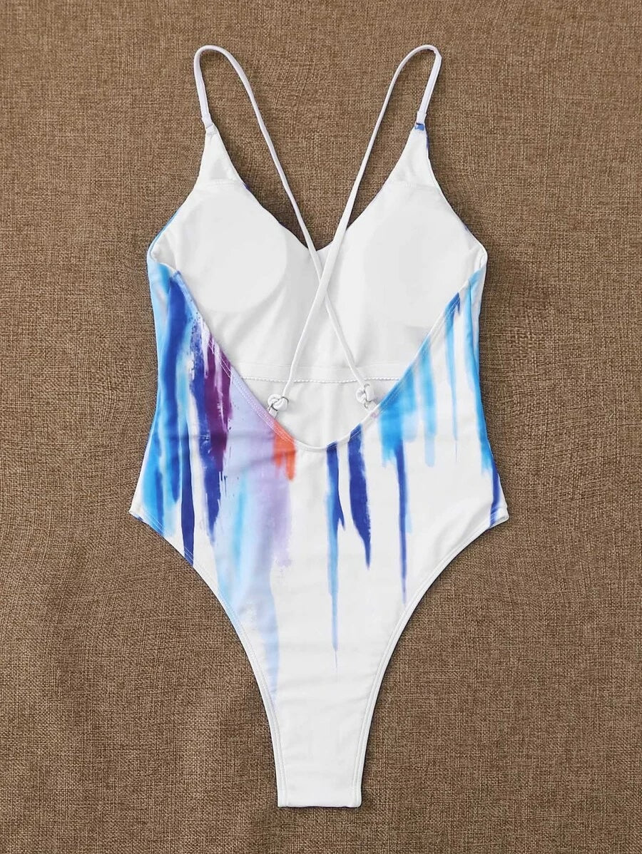 CM-SWS512868 Women Trendy Seoul Style Splash Ink Pattern One Piece Swimsuit