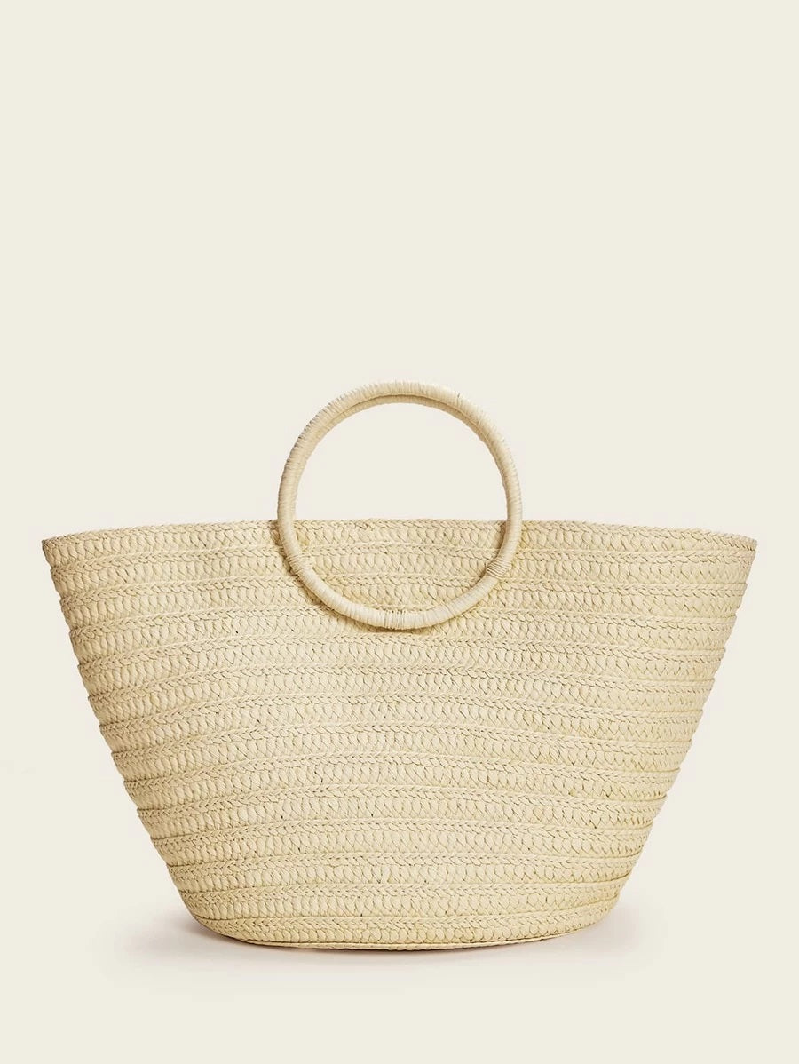 CM-BGS403141 Women Trendy Bohemian Style Letter Pom-Pom Straw Tote Bag - Beige