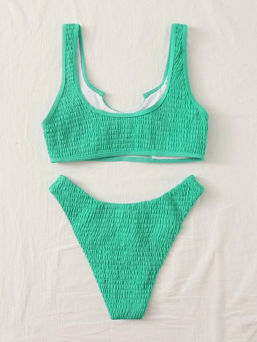 CM-SWS513987 Women Trendy Seoul Style Smocked Cut-Out High Cut Bikini Swimsuit - Green
