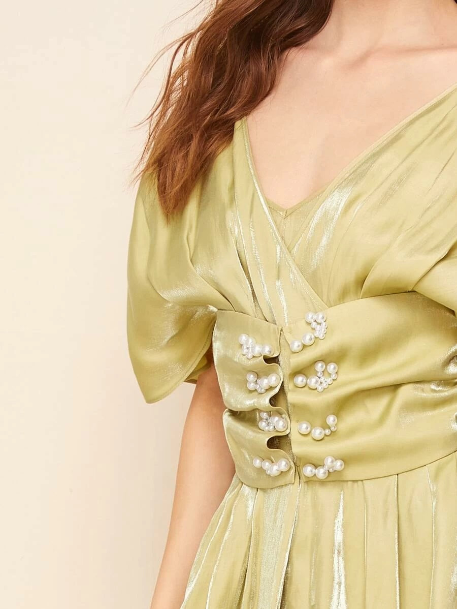 CM-DS506022 Women Elegant Seoul Style Surplice Neck Pearls Ruched Waist Glitter Peplum Dress