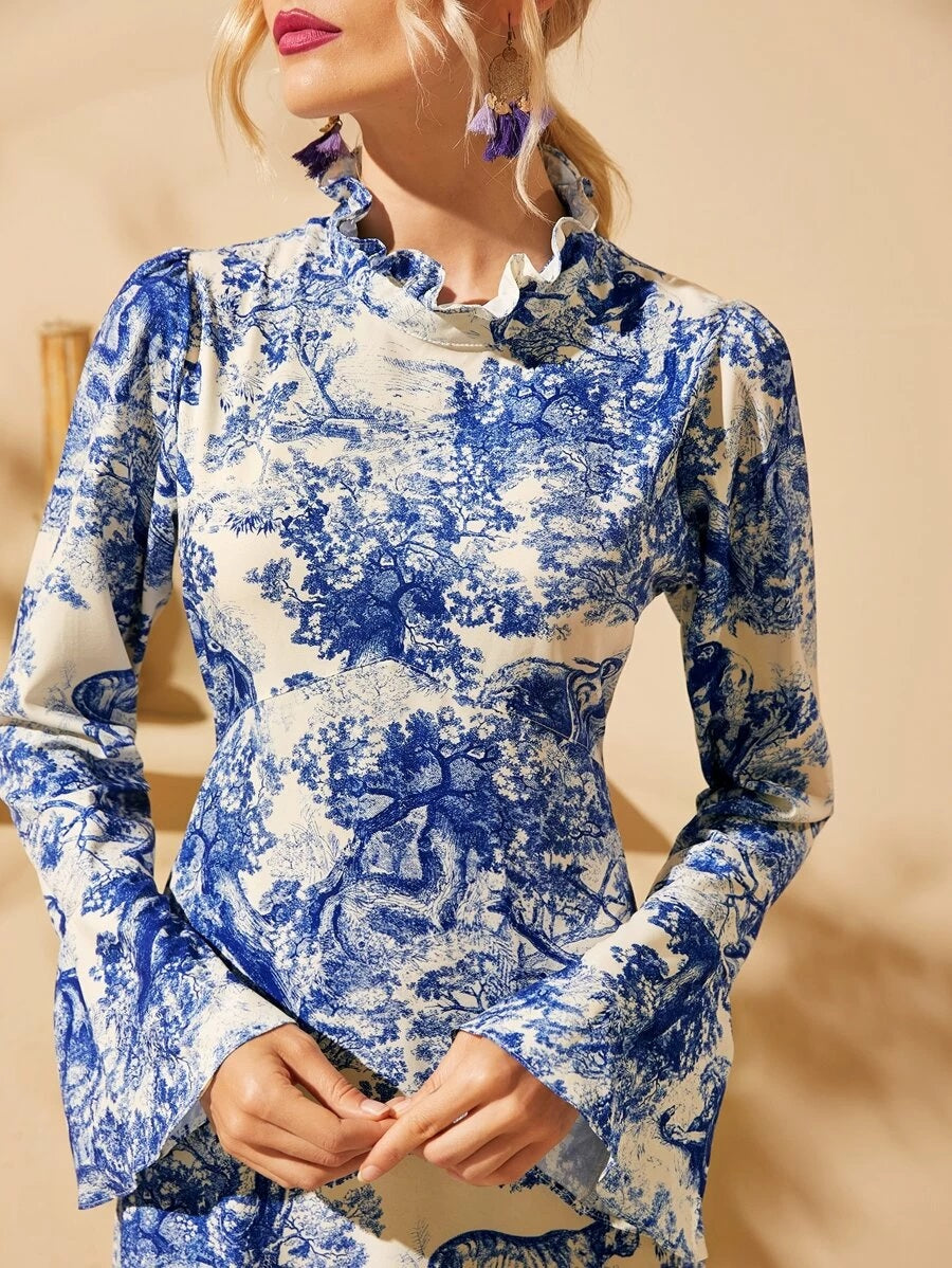CM-DS512237 Women Elegant Seoul Style Ruffle Neck Long Sleeve Landscape Print Maxi Dress - Blue