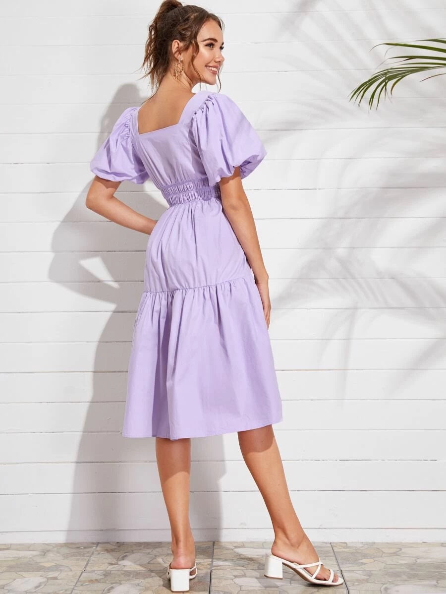 CM-DS511231 Women Trendy Seoul Style Bishop Sleeve Shirred Waist Solid Midi Dress - Purple