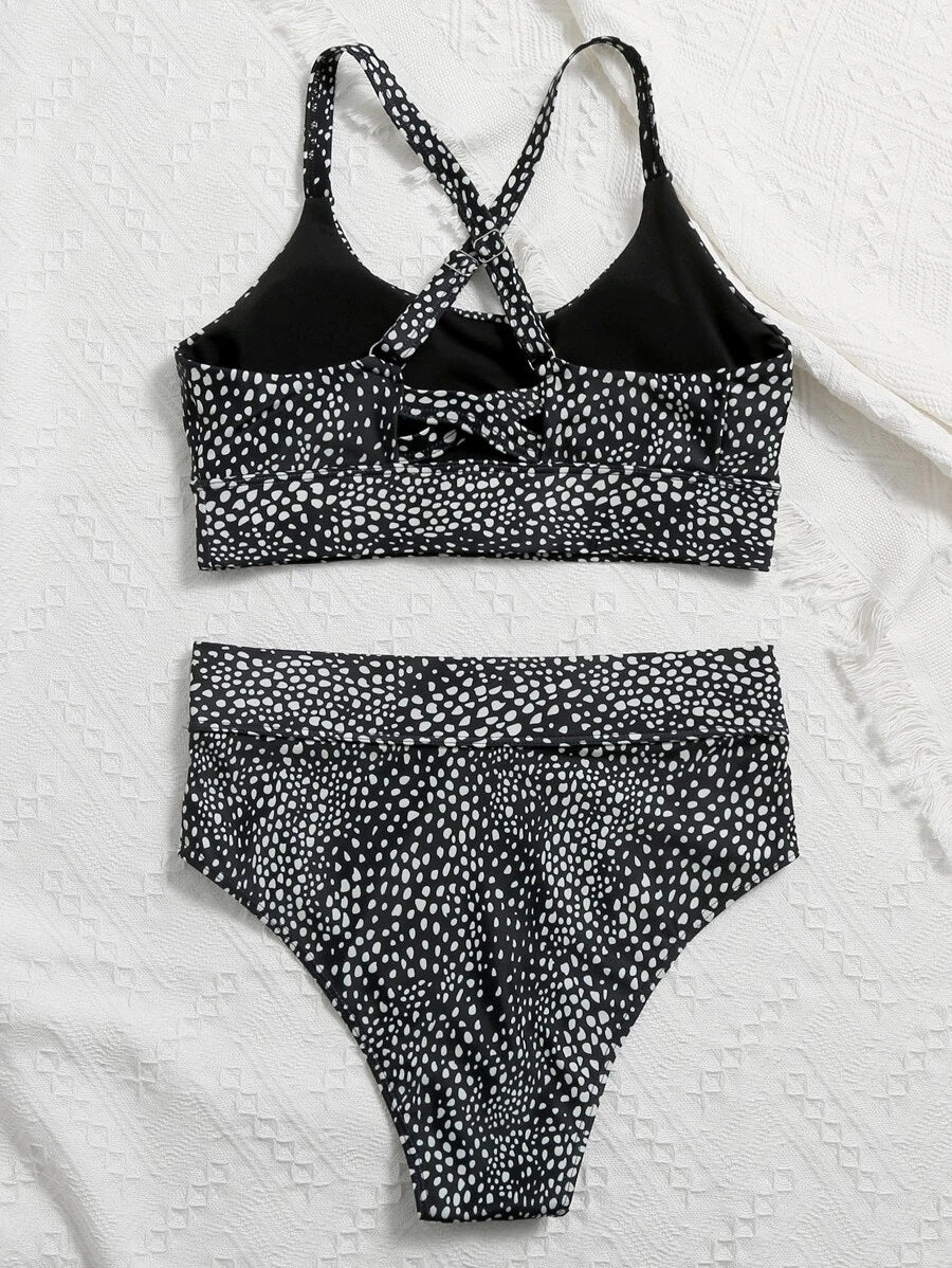 CM-SWS518981 Women Trendy Seoul Style Dalmatian Crisscross High Waisted Bikini Swimsuit - Black