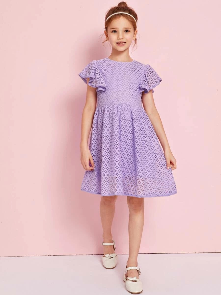 CM-KDS514490 Girls Elegant Round Neck Butterfly Sleeve Lace A-Line Dress - Purple