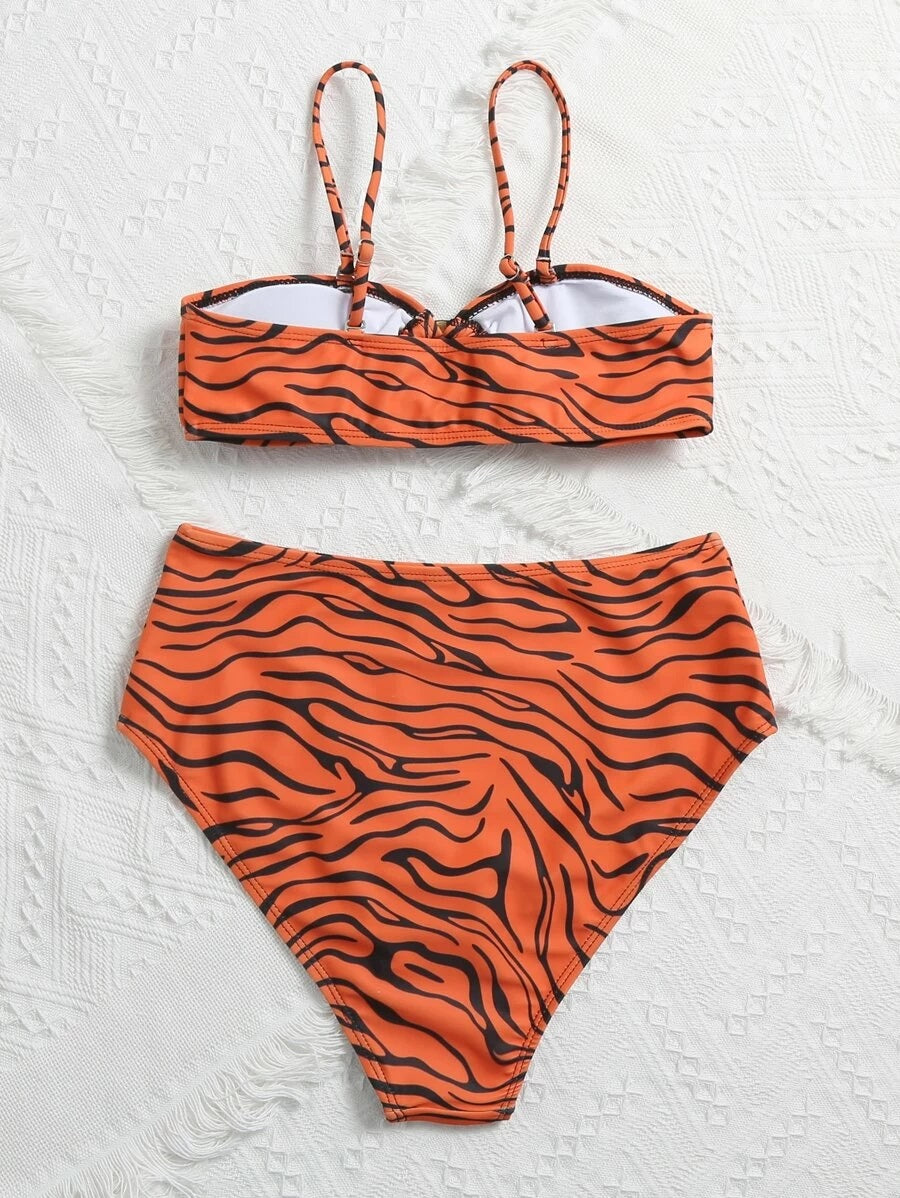 CM-SWS520531 Women Trendy Seoul Style Zebra Stripe Ring Linked Bikini Swimsuit - Orange