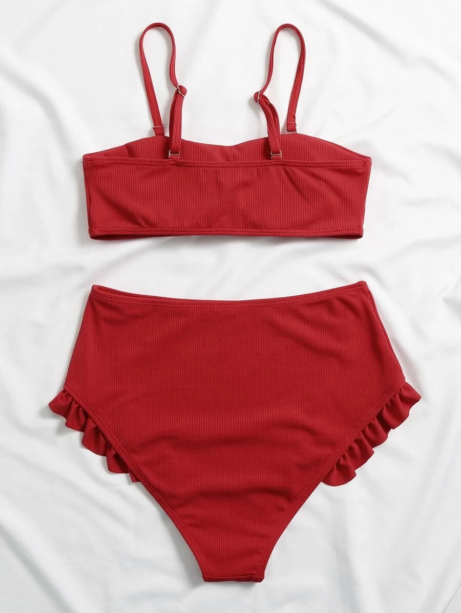 CM-SWS520504 Women Trendy Seoul Style Rib Ruffle High Waisted Bikini Swimsuit - Red