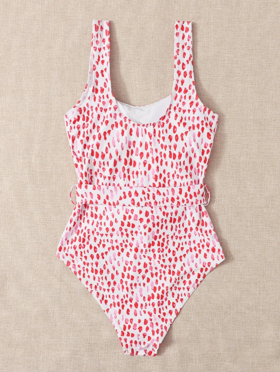 CM-SWS520016 Women Trendy Seoul Style Allover Graphic Belted One Piece Swimsuit - Red