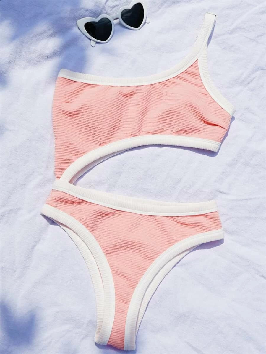 CM-SWS515510 Women Trendy Seoul Style Contrast Binding One Shoulder One Piece Swimsuit - Pink