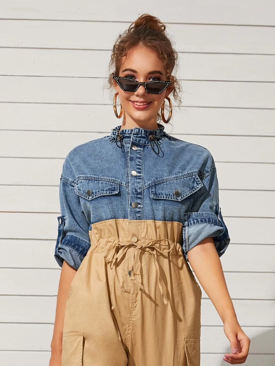 CM-JS521494 Women Casual Seoul Style Stand Collar 3/4 Sleeve Two Tone Drawstring Waist Jumpsuit