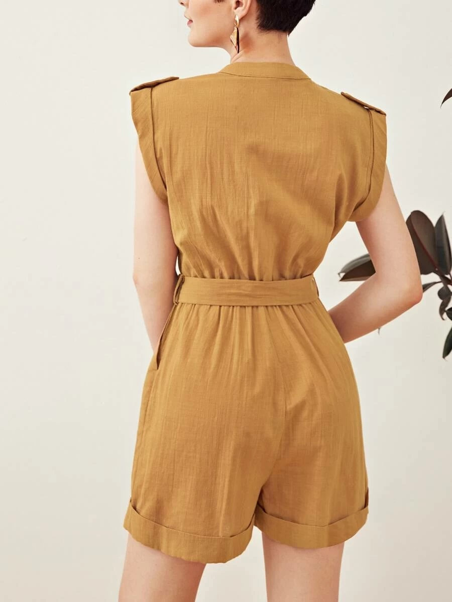 CM-JS506889 Women Trendy Bohemian Style Roll Tab Sleeve D-Ring Belted Cuffed Romper - Camel