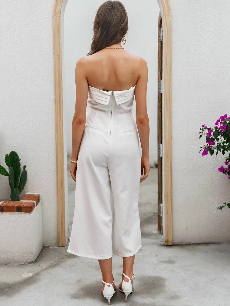 CM-JS522946 Women Elegant Seoul Style Strapless Zip Back Foldover Wide Leg Tube Jumpsuit - White