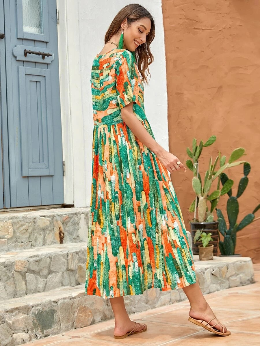 CM-DS427884 Women Trendy Bohemian Style V-Neck Short Sleeve All Over Print Babydoll Dress