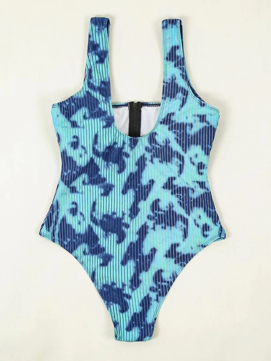 CM-SWS520673 Women Trendy Seoul Style Graphic Rib Zip Front One Piece Swimsuit - Blue