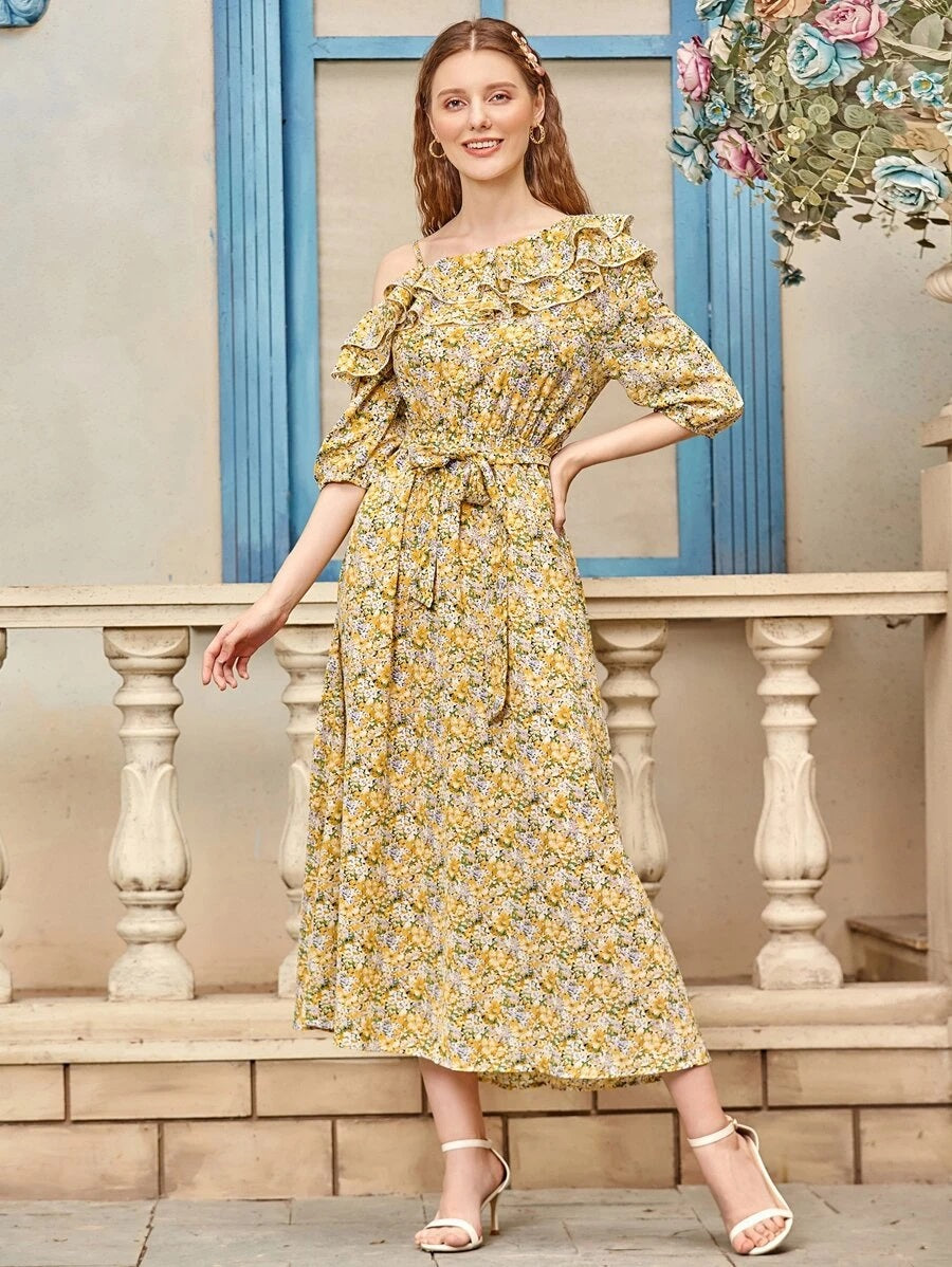CM-DS513754 Women Trendy Bohemian Style Floral Symmetrical Neck Ruffle Trim Belted Dress
