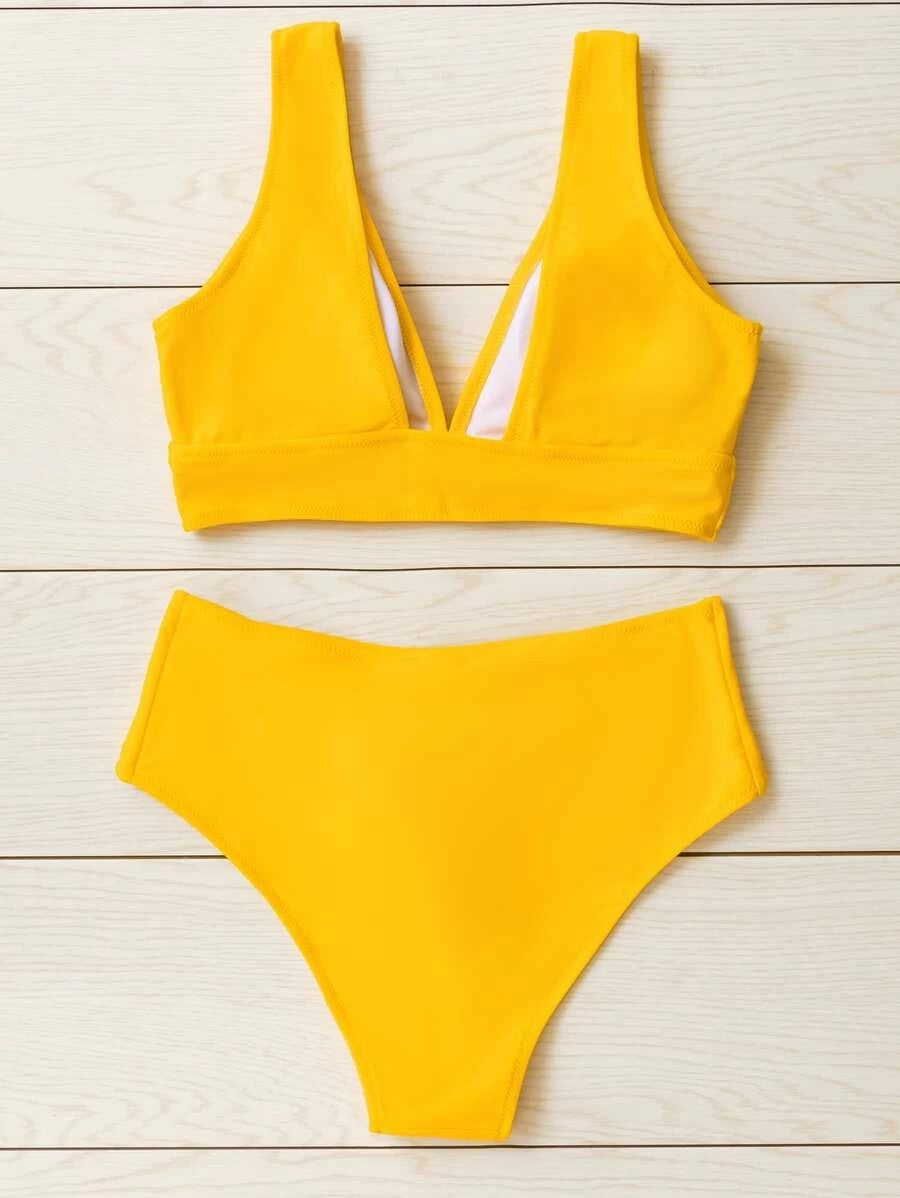 CM-SWS525197 Women Trendy Seoul Style Knot Front High Waisted Bikini Swimsuit - Yellow