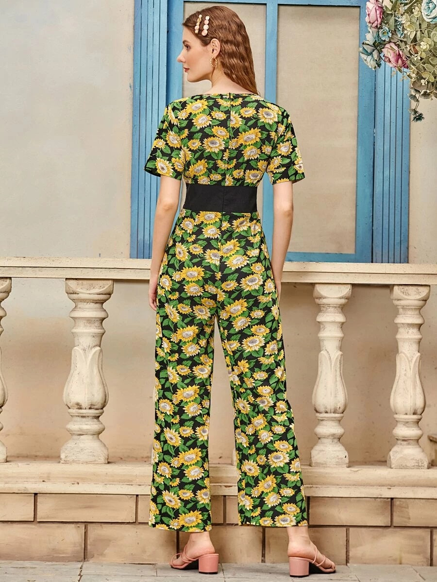 CM-JS514742 Women Casual Seoul Style V-Neck Short Sleeve Tie Front Allover Floral Wide Leg Jumpsuit