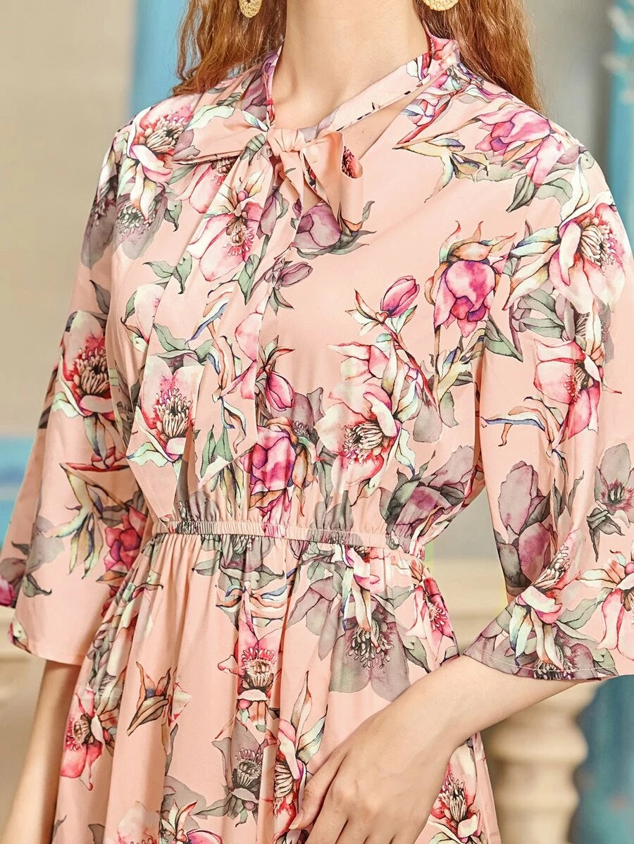 CM-DS519105 Women Casual Seoul Style Tie Neck Bell Sleeve Floral Print A-Line Maxi Dress - Pink
