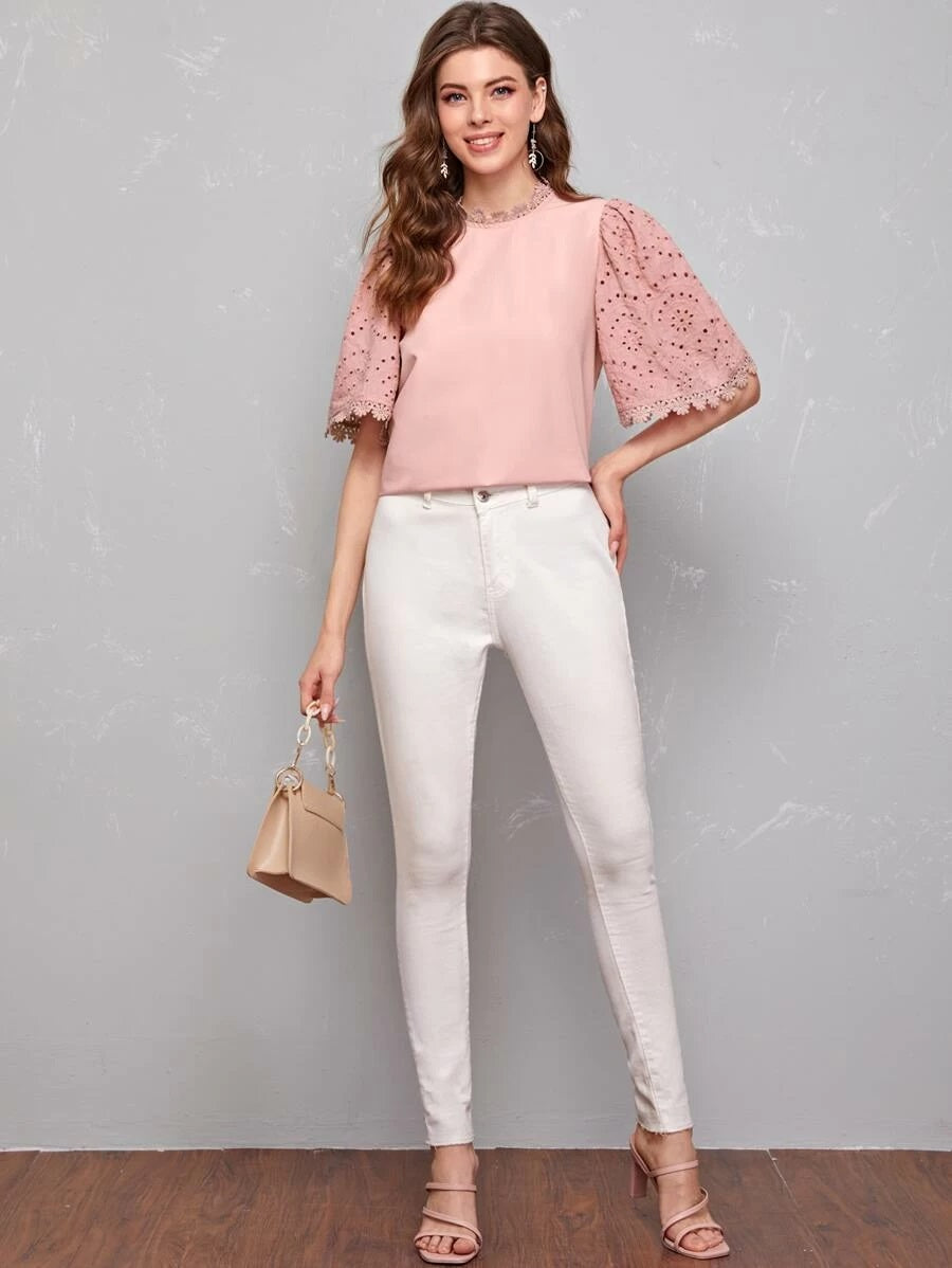 CM-TS325675 Women Casual Seoul Style Lace Trim Eyelet Embroidered Sleeve Top - Pink