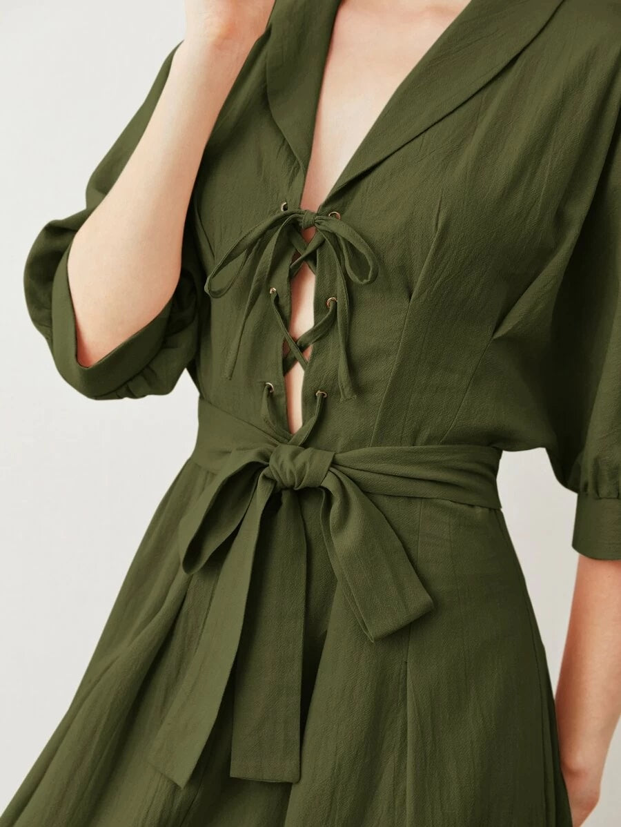 CM-DS520319 Women Casual Seoul Style Half Sleeve Shawl Collar Lace Up Front Belted Dress - Army Green