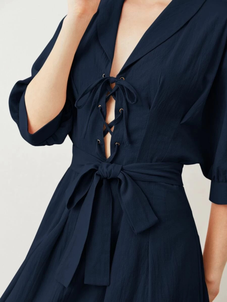CM-DS520032 Women Casual Seoul Style Half Sleeve Shawl Collar Lace Up Front Belted Dress - Navy Blue