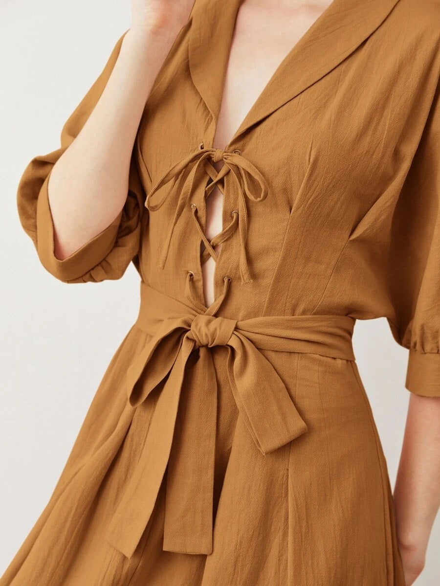 CM-DS520317 Women Casual Seoul Style Half Sleeve Shawl Collar Lace Up Front Belted Dress - Ginger