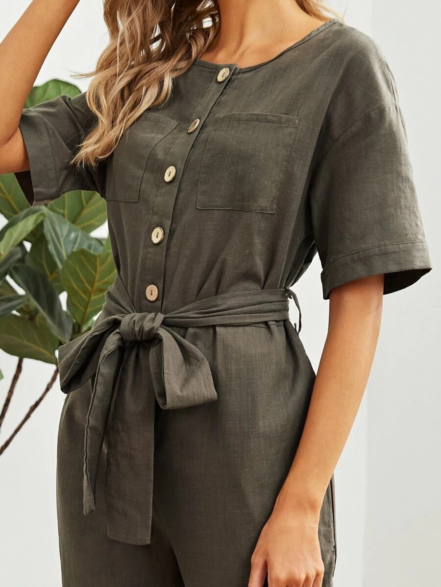 CM-JS326688 Women Casual Seoul Style Round Neck Buttoned Pocket Front Self Belted Jumpsuit - Army Green
