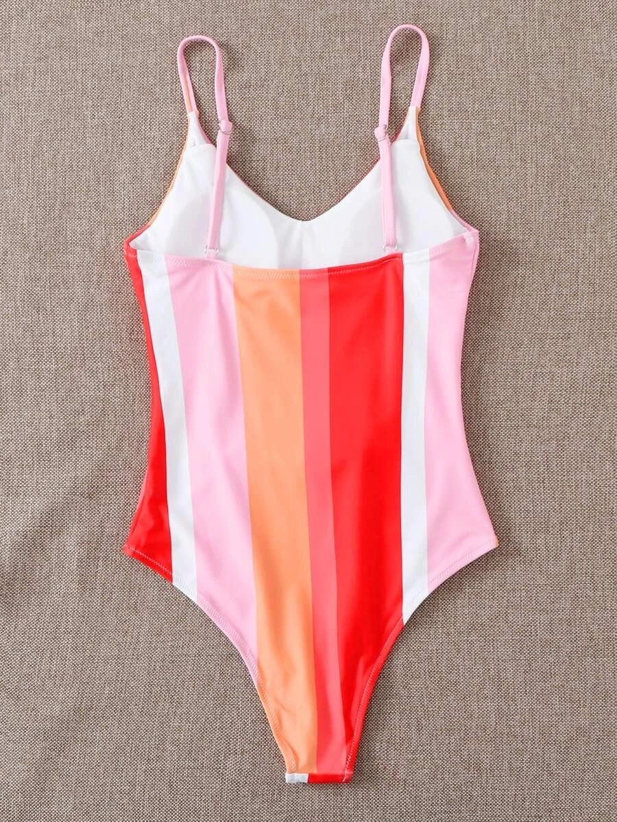 CM-SWS529284 Women Trendy Seoul Style Colorful Stripe Knot Front One Piece Swimsuit