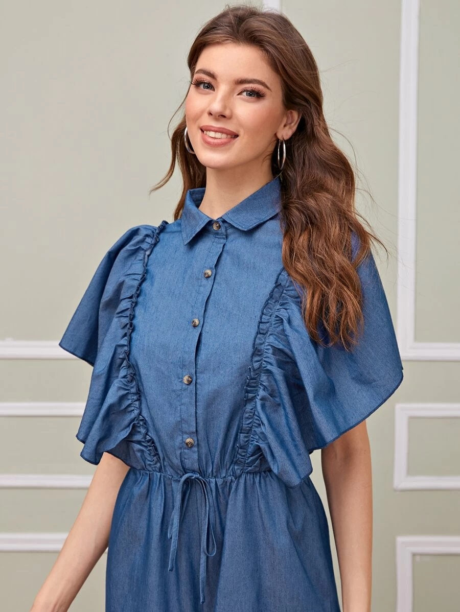 CM-JS508858 Women Casual Seoul Style Tie Front Butterfly Sleeve Shirt Wide Leg Jumpsuit - Blue