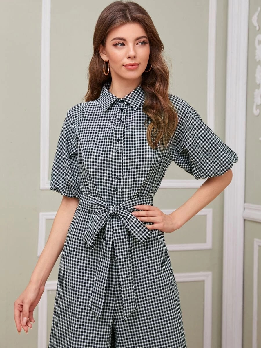 CM-JS526385 Women Elegant Seoul Style Collar Puff Sleeve Gingham Belted Shirt Jumpsuit - Black
