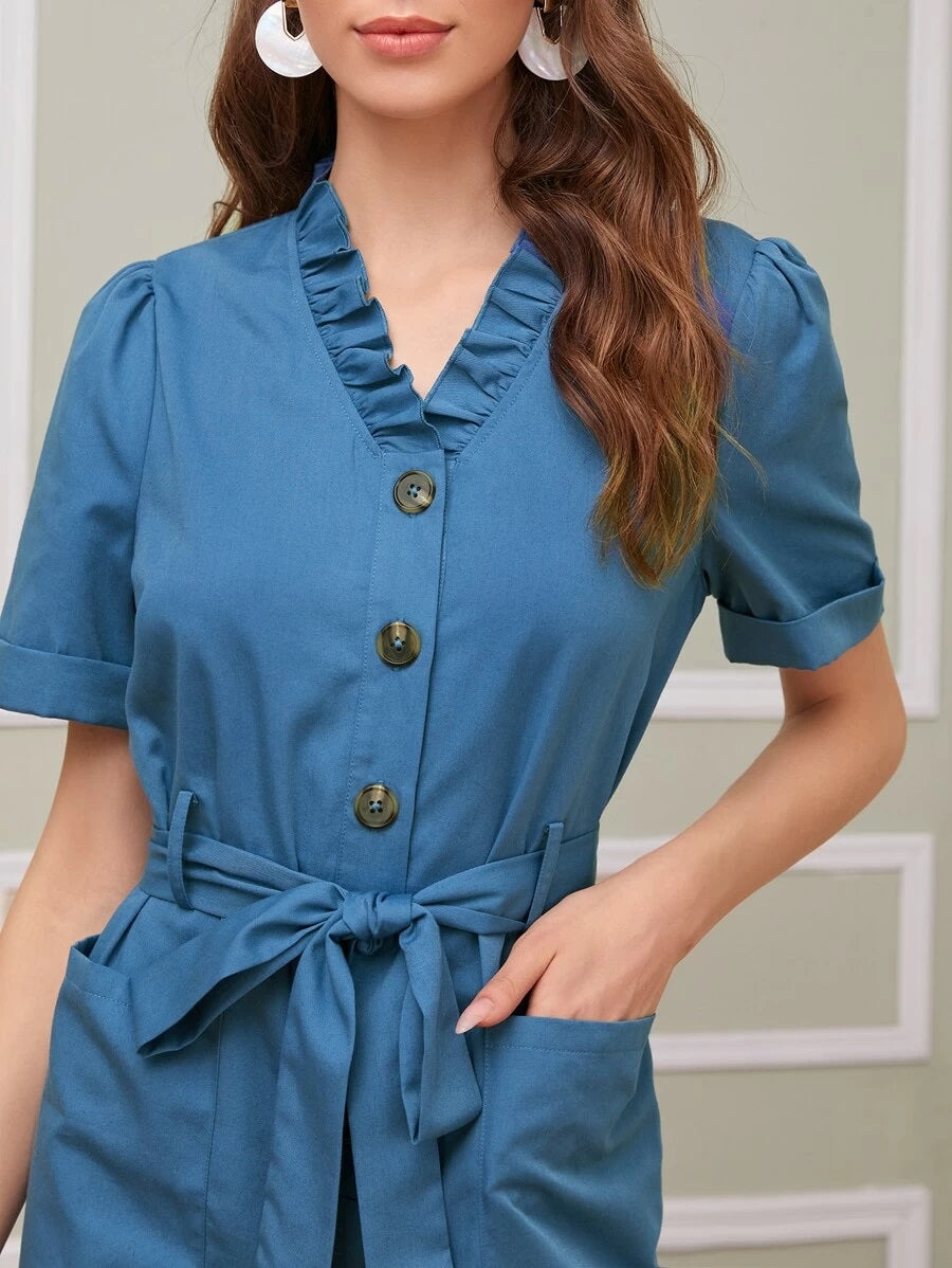 CM-JS518917 Women Casual Seoul Style Frill Trim Button Front Pocket Patched Rolled Cuff Belted Jumpsuit